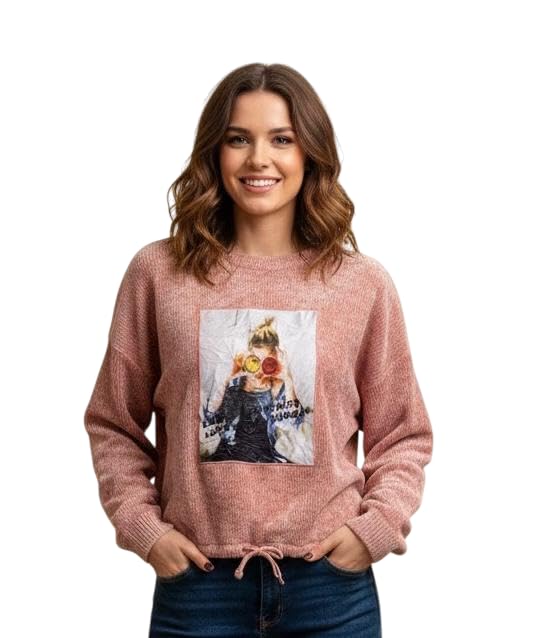 Women’s Winter Woollen Warm Top Soft Stretchable Relax Fit Light Pink Sweatshirt with Stylish Front Print Cozy Casual Winterwear for Outdoor Comfort-image-4