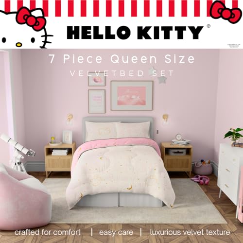 Image of Lux Hello Kitty Velvet Bedding 7 Piece Super Soft Cozy Reversible Comforter and Sheet Set with Sham & Tote Bag, Queen, (Officially Licensed Product) By Franco