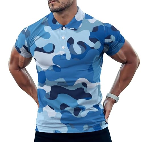 Polo de golf pour homme imprimé camouflage bleu ciel à manches courtes