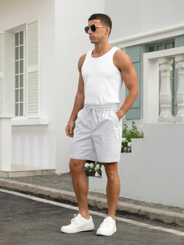Image of RQP Mens Cotton Linen Shorts Casual Drawstring 7inch Inseam Shorts Stretch Summer Beach Wear
