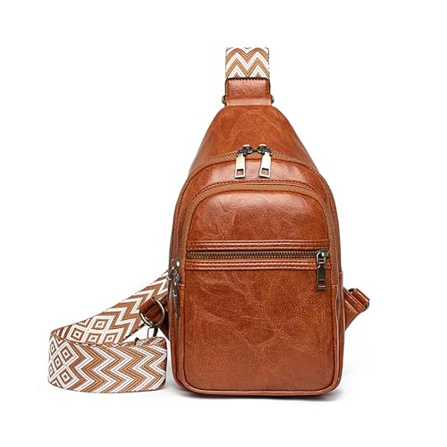 Image of FAYBA Small Sling Bag for Women Crossbody Fanny Pack, PU Leather Wide Guitar Strap Chest Sling Backpack Purse Brown