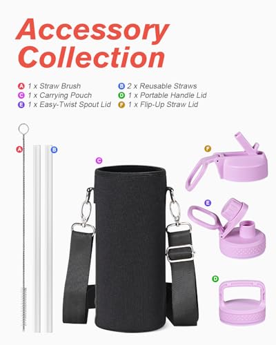 Image of Coolflask 40 oz Water Bottle Insulated with Straw & 3 Leakproof Lids
