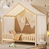 Bellemave Twin House BedFrame with Canopy, Montessori Floor Bed, House Bed with Rails for Kids, Natural