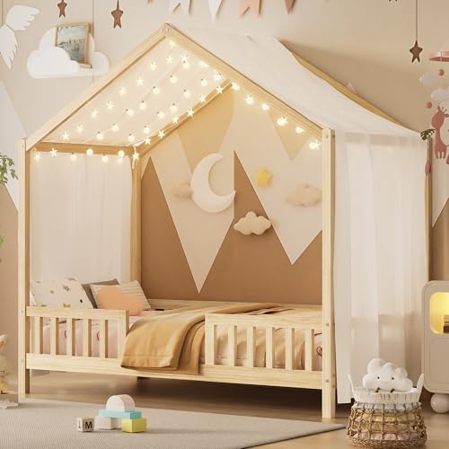 Image of Twin Size Wood House-Shape Platform Bed with Roof Frame and Canopy, Montessori Floor Bed with High Railings and Slat Support for Kids Girls Boys, No Box Spring Needed (Natural-05, Twin)