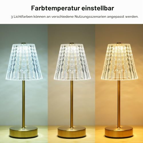 Lixada Kristall Tischlampe Kabellos, Vintage Tischleuchte mit 3 Farben, LED Touch Lampe, Akku Betrieben, Dimmbar, Ideal für Wohnzimmer Schlafzimmer Garten Gaststätte Bar (Gold) – Bild 4