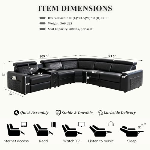 Image of Power Recliner Sectional Sofa, L-Shaped Living Room Furniture Set, Reclining Sectional Couch with Storage Console /Cup Holder for Living Room /House /Apt (Black, 5 Seater)