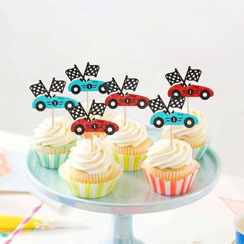 Cyodoos 24Pcs Race Car Cupcake Toppers Sparkling Trophy Flag Racing Cake Decorations Racing Theme Party Supplies - Thumbnail 6