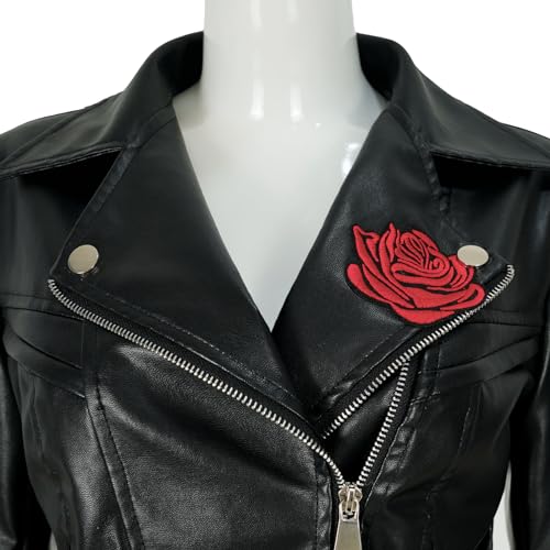 Women's faux leather lace moto jacket with Peplum rose vintage riding coat4