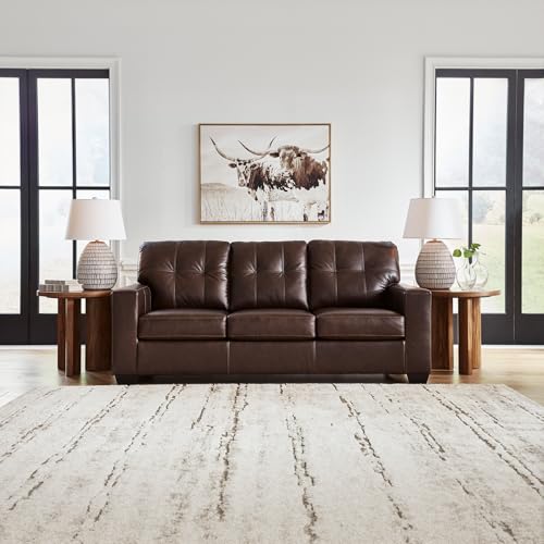 Image of Signature Design by Ashley Queen Pull Out Couch, Leather & Faux Leather | No assembly required for quick setup, 100% top-grain leather touch cushions, 4-in memory foam pull out bed, Santorine Series