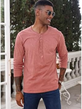 Heren casual Henley Shirt lange mouwen slim fit effen tops basic ronde hals opa T-shirt knopen tee tops, Zwart, M