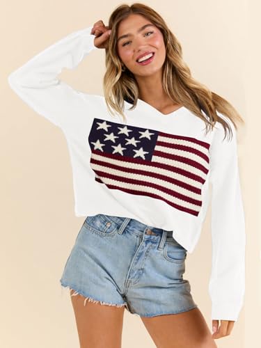Image of Dressmine Womens American Flag Knit Sweater Crew Neck Long Sleeve Pullover