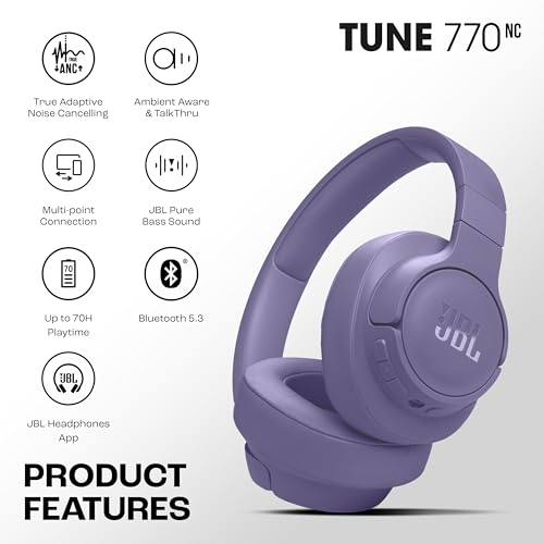 Image of JBL Tune 770NC Wireless Over Ear ANC Headphones with Mic, Upto 70 Hrs Playtime, Speedcharge, Google Fast Pair, Dual Pairing, BT 5.3 LE Audio, Customize on Headphones App (Purple)