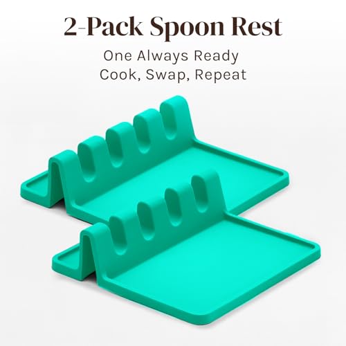 Image of Cooler Kitchen Aqua Green Silicone Spoon Rest for Stove Top with Drip Pad (Two Pack) - Heat-Resistant, BPA-Free Utensil Rest & Spoon Holder for Kitchen Counter - Grill Utensil Holder for Spatulas