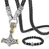 BAVIPOWER 18K Gold Plated Thor Hammer Stainless Steel Necklace Wolf Head Leather Chain Norse Scandinavian Vikings Jewelry for Men Women