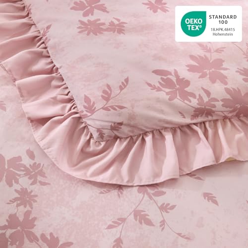 Image of Litanika Grey Pink Queen Comforter Set, 3 Pieces Ruffle Floral Farmhouse Bedding Comforter Set, All Season Soft Lightweight Fluffy Microfiber Bed Set(90x90In Comforter, 2 Pillowcases)