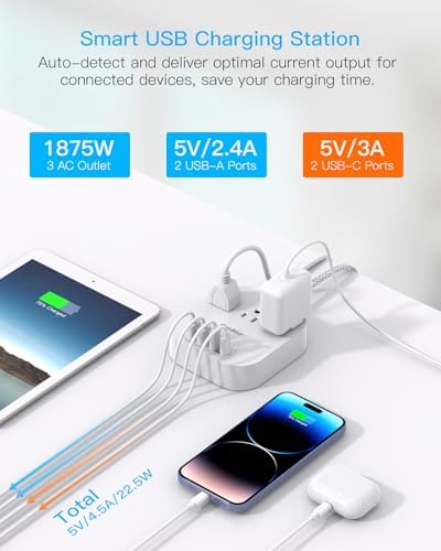 One Beat Power Strip with USB C, 3 Outlets 4 USB Ports, 10ft Braided Extension Cord, 22.5W Desktop Charging Station, Flat Plug, Non Surge Protector, Home Office Cruise Travel, ETL Listed, White - 1