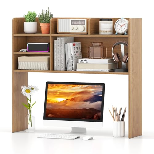 Image of Tangkula Desktop Bookshelf for Computer Up to 32 inch, 37 inch Countertop Storage Hutch with 6 Storage Shelves, 3-Tier Desktop Organizer Display Rack, Wooden Desk Hutch for Dorm Home Office (Natural)