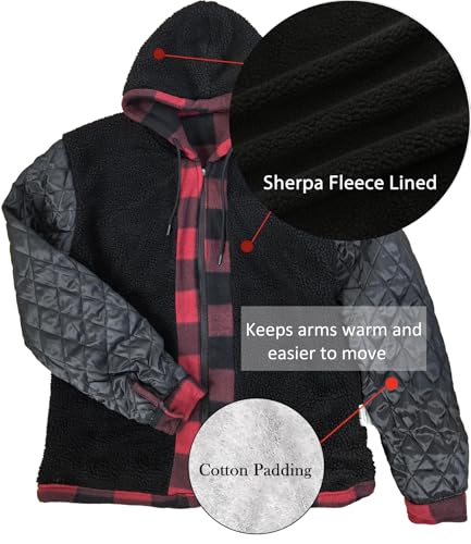 Image of Men's Flannel Jacket Hoodie Full Zip Up Plaid Thick Fleece Sherpa Lined Sweatshirt Winter Warm Coats