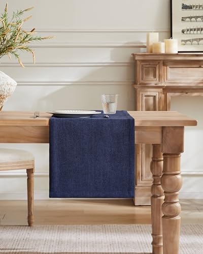 Image of ZeeMart Burlap Style Farmhouse Table Runners 36 Inches Long, Navy Rustic Woven Dining Table Runner for Everyday Use, 14x36 Inches, Navy