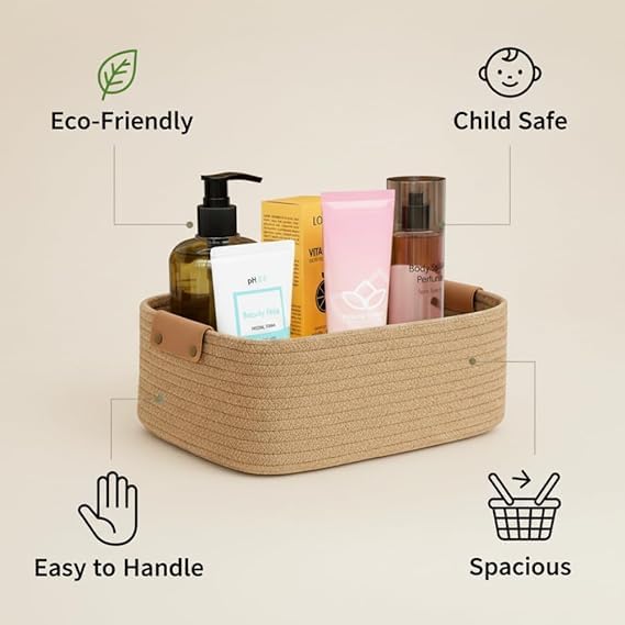 Image of [Pack of 1-12x8x5 inch, Rectangle, Beige] Handwoven Soft Jute Cotton Basket | Eco-Friendly Shelf Baskets, Naturally Reshapes After Filling | Ideal for Storage, Organization & Gift Hampers
