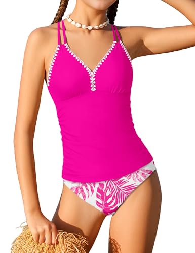 Queenstyle Girls Tankini Swimsuit V Neck Crochet Edge Bathing Suit Cross Back Straps Two Piece Swimwear for 9-16 Years