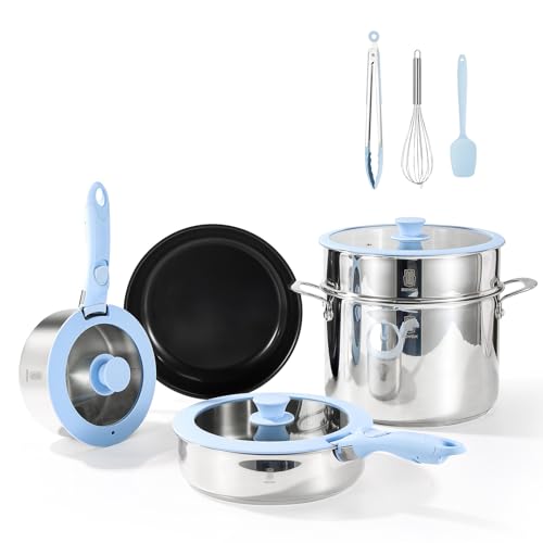 ROYDX Non Stick Healthy Ceramic Frying Pan,Stainless Steel Cookware Set,Large Stockpot with Steamer,Detachable Handles, PFOA,PFAS Free for All Stoves,Family Party,Space Saving,Induction Oven Safe