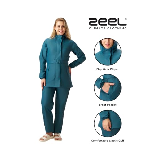 Image of ZEEL Rain Coat for Women Waterproof with Adjustable Hood, Rainwear Suit with Polyester Jacket and Pants for Ladies with Belt, AZ12