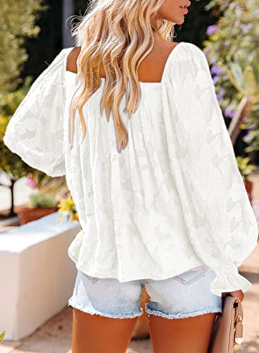 Dokotoo Women's Babydoll Tops Square Neck Long Lantern Sleeve Tops And Blouses Dressy Fashion 2022 Floral Textured Lace Patchwork Summer Solid Color Tunic Shirts Large White #TOP1