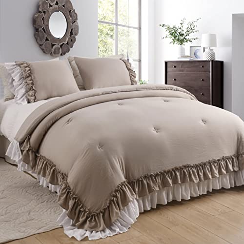 QSH Ruffle Comforter Set, 3 Pices Farmhouse Shabby Boho Chic Bedding Comforter Set Queen Size for Bed, Ultra Soft Microfiber Inner Fill Bedding Rustic Fuffly Comforter Sets (Taupe & White, Queen)
