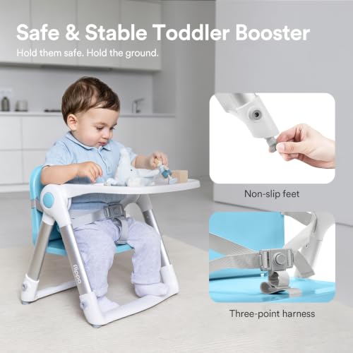 Image of Apramo 3-in-1 Toddler Booster Seat for Kitchen Chair & Dining Table with Removable Tray and Safety Straps, Portable& Foldable Babies Chair for Table, Feeding, Floor & Travel, Blue