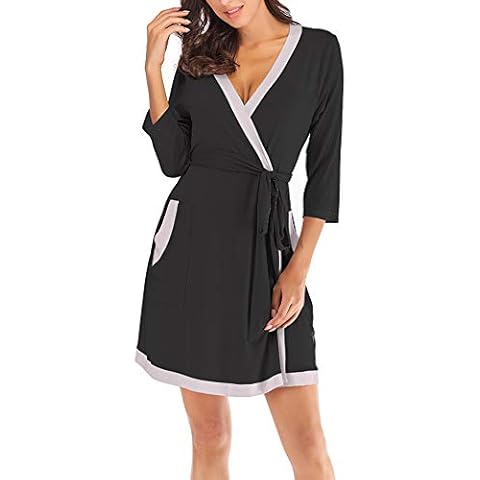 ZHENWEI Women's Soft Cotton Robes Lightweight Knee-Length Kimono Spa Bathrobe Loungewear Black Cover