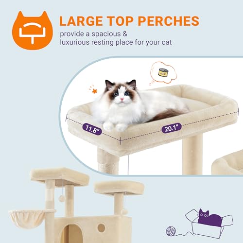 Image of Allewie 81 Inches Tall Cat Tree /Multi-Level Large Climbing Tree House and Towers for Big Feline /Condo and Hammock /Scratching Post /Wide Base /Beige