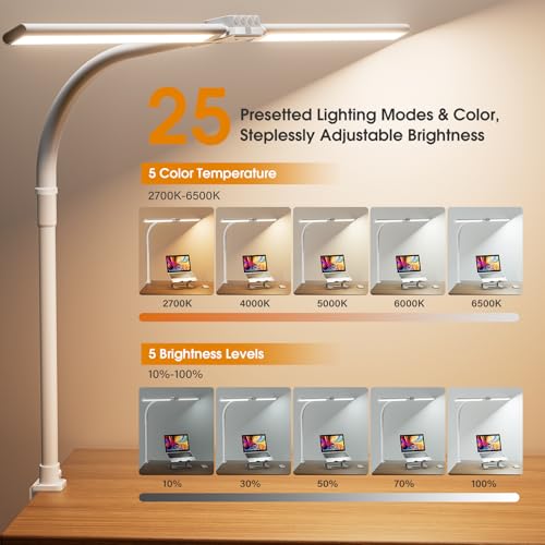 Image of SIBRILLE LED Desk Lamp for Home Office - Dimmable Computer Desk Light with Clamp, Modern Architect Task Lamp with Color Changing, Flexible Desktop Lamp with Gooseneck for Monitor, Double Head, White