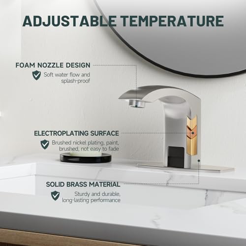 Image of Touchless Bathroom Sink Faucets, Greenspring Automatic Faucet Bathroom Commercial Motion Sensor Faucet Battery or Plug-in Powered with Control Box and Temperature Mixer, Brass, Brushed Nickel