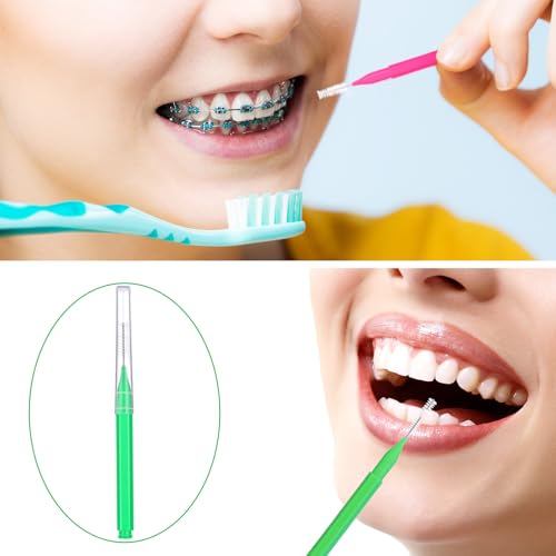 Image of Patelai 100 Pieces Braces Dental Brush for Cleaner Interdental Toothpick Dental Tooth Flossing Head Oral Hygiene Flosser Toothpick Cleaners Tooth Tool(Green,Pink,Mixed Size)