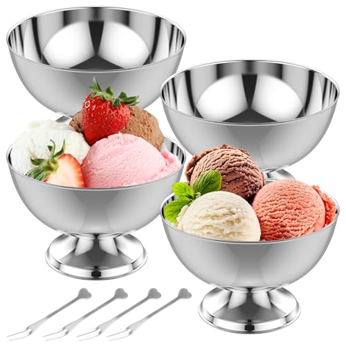 Harupink Lot de 4 coupes à glace avec 4 fourchettes, 250 ml, bols en acier inoxydable, paroi lisse, verres pour sorbet, dessert, tiramisu