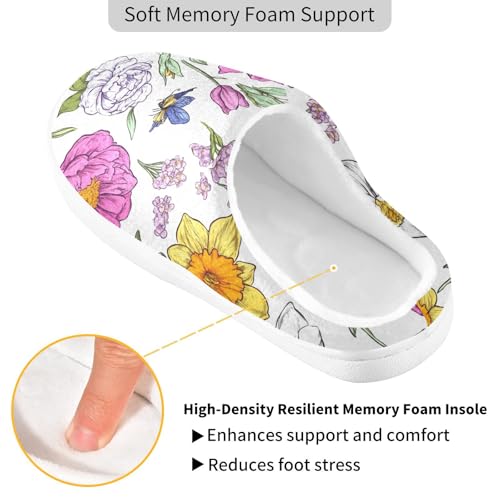 JUNZAN Flowers Daffodils Peonies Butterflies White Womens Cotton House Slippers Breathable Memory Foam Foam Slippers for Spa Funny Presents 6-72