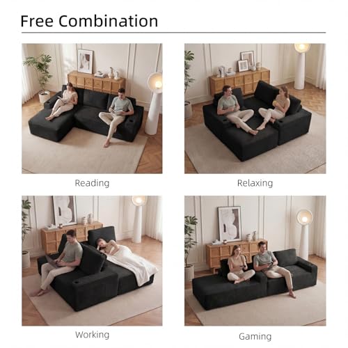 Image of 104 inch L Shaped Boneless Sectional Couches for Living Room, Comfy Corduroy Floor Cloud Sofa with Chaise and Cup Holder, Wide Armrest, Deep Seat, Assembly Free, Ideal for Small Spaces, Black