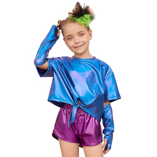 Image of Perfashion Girls Metallic Shirts Shiny Tie Front Knot Crop Top with Arm Sleeves for Dancing Raves Festivals 4-15 Years