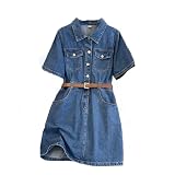Women Denim Dress A Line Waist Cinch Short Sleeve Knee...