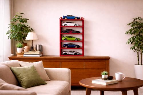 Image of 6-Car Display Rack - Premium Matte Black Tabletop Organizer with Tire Slots & Side Guards for 1:64 Scale Diecast Cars (Hot Wheels, Matchbox, Tomica,)(NO CAR INCLUDED) (Red)