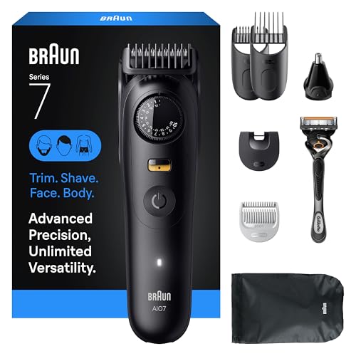 Braun All-in-One Series 7 Beard and Body Trimmer, AIO 7530 for Men with Gillette ProGlide Razor, Cordless Grooming System with Precision Length Control, Rechargeable Electric Facial Hair Tool