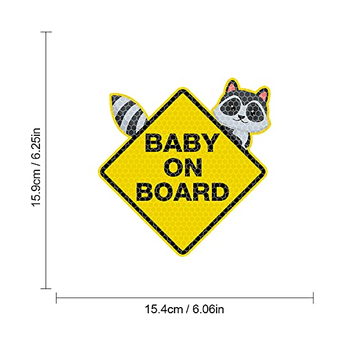 Image of 2PCS Assured Signs Baby On Board Sign Stickers,Reflective Baby Safety Warning Decal for Cars- Bright Yellow, Durable (Raccoon Baby on Board)