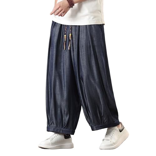 Tripleberly Mens Harem Pants with Pockets Wide Leg Baggy Capri Yoga Pants Japanese Parachute Shorts Drawstring Elastic Waist