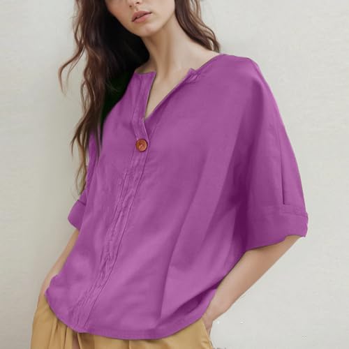 Women's Linen Shirt Button Down V Neck Trendy Solid Blouse 3/4 Sleeves Casual Loose Fit Tunic Tops Summer T Shirts4