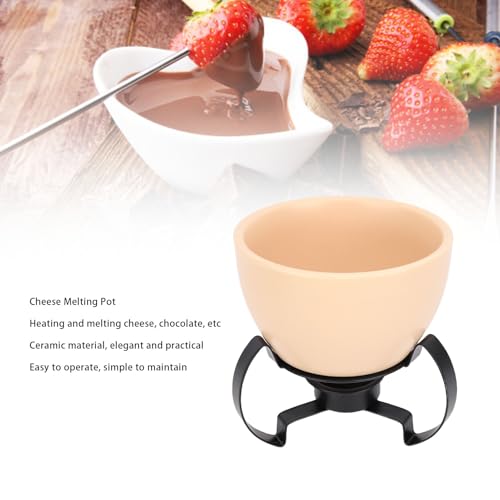 Ceramic Fondue Pot Set, Metal Stand Chocolate Melting Pot Cheese Fondue Set Butter Warmer for Cheese Chocolate Butter Caramel (Beige) - Thumbnail 2