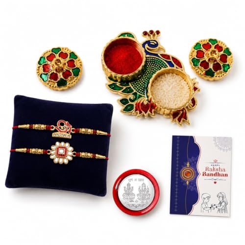 Image of Oblivion Rakhi Combo Set of 7 - Multicolor Designer Rakhis with Silver Pooja Thali, Roli Chawal, Silver Coin and Greeting Card for Raksha Bandhan Brother Gift