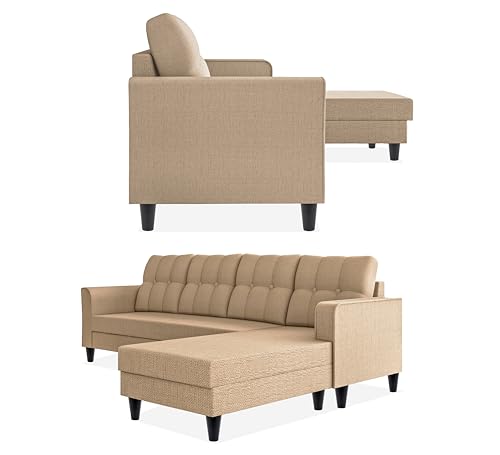 Image of Adorn India Maddox Tufted L Shape 5 Seater Sofa Chenille Sofa Set RHS (Beige) (3 Year Warranty)