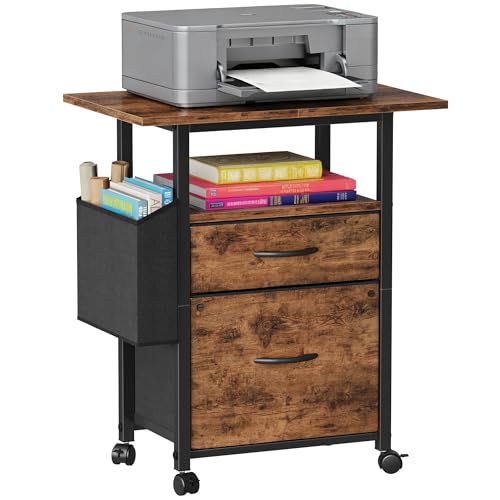 GYIIYUO 2 Drawer File Cabinet with 24” Extended Desktop, Mobile Filing Cabinet, Rolling File Cabinet with Side Bag, Fabric Drawer, Fits A4/Letter Size, Printer Stand Home Office, Light Brown