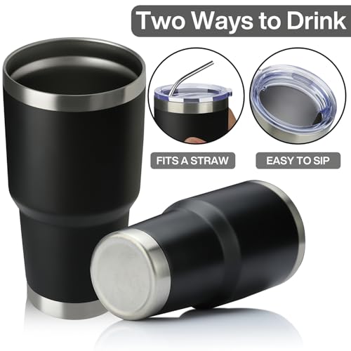 Image of MEWAY 30oz Insulated Tumbler With Lids and Straws,Stainless Steel Double Vacuum Coffee Tumbler Cup, Brush, Durable Powder Coated Coffee Cup for Cold & Hot Drinks, Office, Travel(Black,4 PACK)
